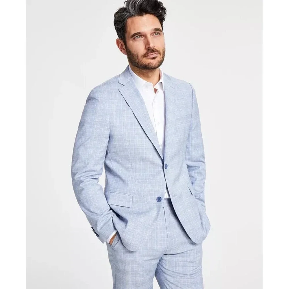 Alfani Men's Slim-Fit 2-pc Suit Jacket Stretch Plaid Size 38L Pants 30Wx30L Blue